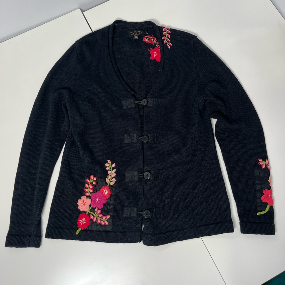 Vintage Icelandic Design Linen Cotton Embroidered Floral Cardigan Sweater Large - Picture 2 of 14